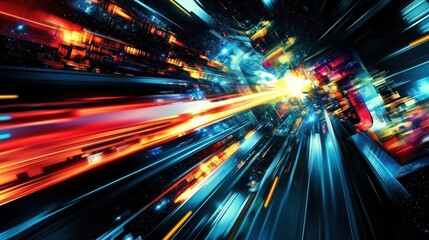Poster - Abstract speeding lights in futuristic city at night
