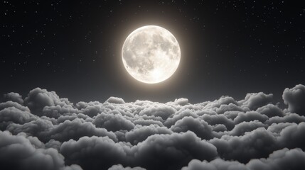 Wall Mural - Dreamy Full Moon Shining Above Gray Clouds in Starry Night Sky and Nightly Scenery
