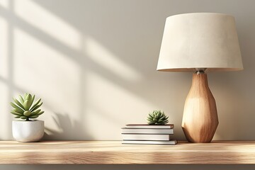Poster - Serene indoor scene featuring a lamp books and succulent plant on a wooden shelf in soft light