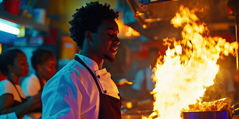 Wall Mural - Chef in Kitchen with Flaming Pan