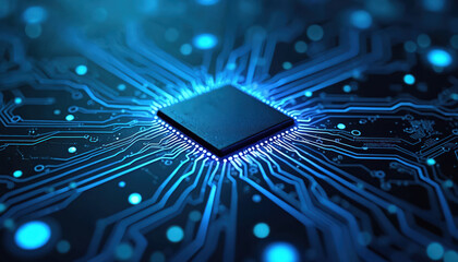 Leinwandbilder - Close-up computer chip on blue cyber circuit board with neon lights. Future tech micro chip processor illustration. Digital cyberspace binary code. AI concept design background.