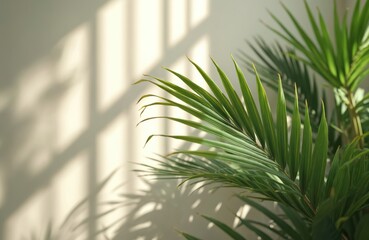 Aufkleber - Tropical design with green palm leaves on white wall background casting striped window shadow. Interior design concept for health, beauty, spa or refreshing summer mood.