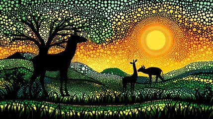 Wall Mural - A vibrant, dot-style illustration featuring silhouettes of giraffes against a colorful sunset.