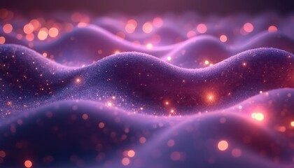 Fototapete - Abstract purple 3D background with glowing bokeh lights. Smooth waves with cosmic shimmer effect and fantasy sparkle. Futuristic digital artwork with vibrant texture and energy.