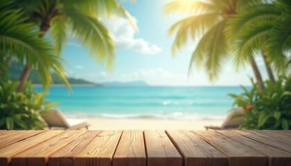 Poster - Empty wooden table, blurred beach background in summer. Tropical turquoise sea view with deck. Palm leaves and relax vacation mood. Tabletop can be used for product placement or promotion.