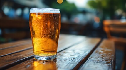 Poster - Refreshing pint of golden beer with condensation on a wooden table in a blurred setting