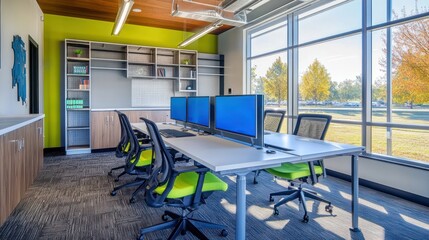 Poster - Modern office workspace with computers, large window, autumn trees