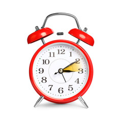 Poster - Daylight saving time. Red alarm clock on white background. Highlighted area showing time change by one hour forward