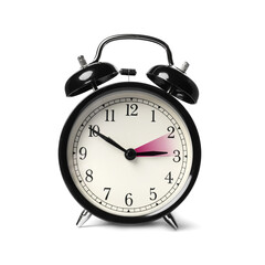 Poster - Daylight saving time. Black alarm clock on white background. Highlighted area showing time change by one hour forward