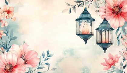 Wall Mural - Pastel Pink Watercolor Flowers and Hanging Lanterns