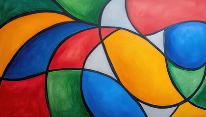 Poster - vibrant abstract artwork with interweaving shapes of red, orange, yellow, green, and blue. thick bla