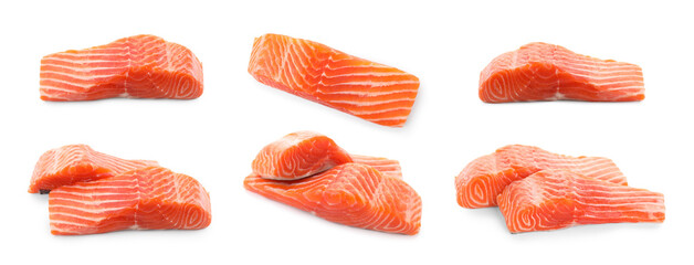 Wall Mural - Pieces of fresh salmon isolated on white, set