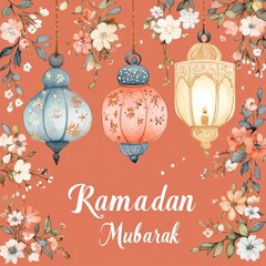 Wall Mural - Ramadan Mubarak Watercolor Floral Lanterns