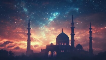 Wall Mural - Silhouette of a Mosque Against a Vibrant Starry Night Sky