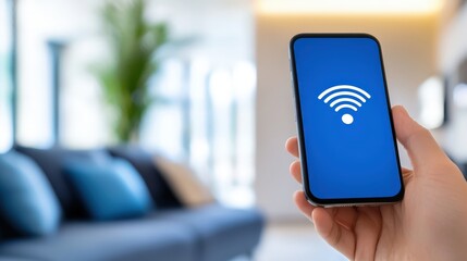 Poster - A smartphone displaying a Wi-Fi symbol, held in a hand, set in a modern living space with a cozy couch in the background.