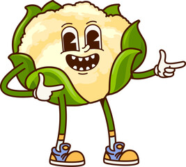 Aufkleber - Cartoon groovy cauliflower vegetable character with a cheerful expression, enjoying a summer vacation. Vector fun and playful veggie retro y2k personage radiating vibrant energy and retro hippie vibe