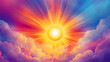 © PhotoArtHub - A vibrant digital artwork of the sun rising from the clouds, with bright rays spreading across the sky in shades of yellow, orange, and purple, symbolizing hope and new beginnings.