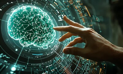 Poster - Hand Interacting with Glowing Teal 3D Brain Model