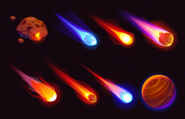 Poster - Cartoon galaxy space meteors, comets and asteroids with flame trails. Vector falling fiery meteorites and glowing fireballs, accompanied by vibrant red planet. Sci fi, astronomy or cosmic game assets