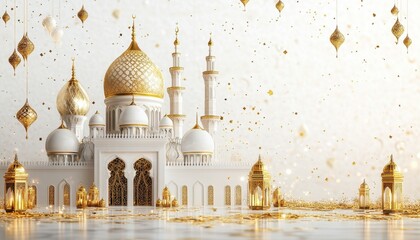 Wall Mural - White Mosque with Golden Domes and Lanterns Festive Celebration