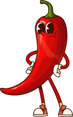 Aufkleber - Groovy chili pepper vegetable character. Cartoon vector fun and lively red hot jalapeno or guindilla veg personage with expressive eyes, and akimbo posture, promoting spicy foods for Mexican menus