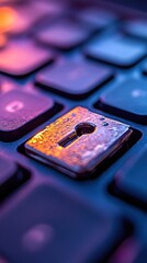 Poster - Cyberpunk keyhole on keyboard button illuminated with vibrant neon lights in macro view