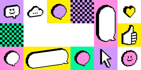 Poster - Y2k retro futuristic template with speech bubbles, smile, arrow. 3d pixel art pattern. Abstract background. Bright modern design for poster, header, web. Geometric simple shape. Cool game elements