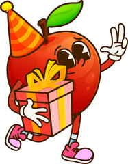 Aufkleber - Cartoon groovy apple fruit character on celebration party wearing a bright party hat while holding a neatly wrapped gift box. Isolated vector cheerful retro personage exudes funky and festive y2k vibe