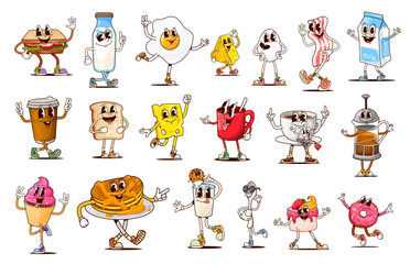 Poster - Groovy breakfast characters of vector morning drinks, food and desserts. Cartoon retro hippie coffee cups, toast, bacon and eggs. Tea mug, cake, cupcake, milk glass, bottle and box groovy personages