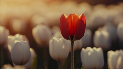 Aufkleber - A vibrant close-up of a single red tulip standing out among white tulips in a garden, symbolizing uniqueness, springtime, and beauty, with soft lighting and a blurred background.