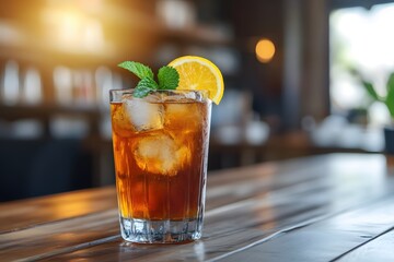 Poster - Refreshing iced tea with lemon and mint on a wooden table in a bright cafe setting
