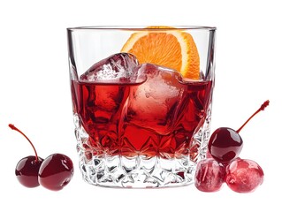 Poster - Refreshing negroni cocktail with orange slice and cherries on white background studio shot