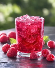 Poster - Refreshing raspberry cooler with ice cubes and fresh raspberries on a dark wooden surface