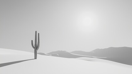 Poster - A monochrome desert landscape with only one cactus.