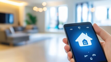 Poster - A hand holds a smartphone displaying a smart home app interface, set in a modern living space with soft lighting and contemporary decor.