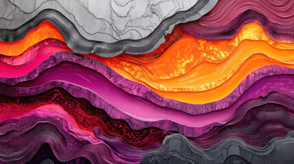 Wall Mural - A dynamic abstract landscape of undulating water patterns in the foreground with colors transitioning from deep magenta to fiery orange