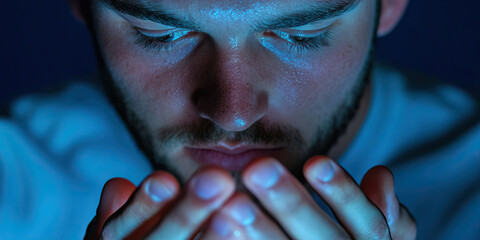 Poster - Close-up Portrait: Man's Face and Hands in Blue Light