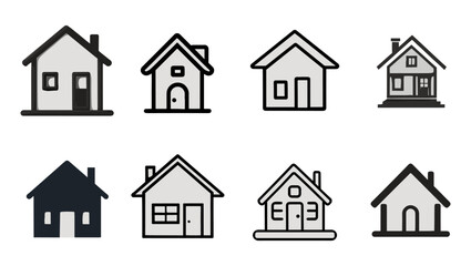 Poster - Sets icon collection of eight different house icons, each with unique designs and features, illustrating various architectural styles and elements
