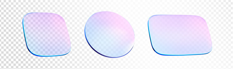 Wall Mural - 3d holographic glass circles, rectangle, square plate, lens. flying crystal shape hologram effect. g