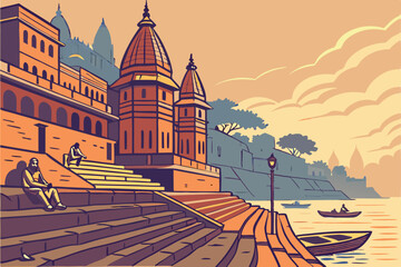  Varanasi ghats at sunrise, golden light reflecting on Ganges river, ancient Hindu temples, colorful buildings, misty atmospheric cityscape, stone steps leading to water, small boats, warm orange an