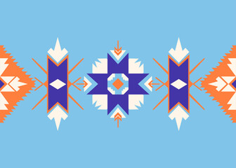 A geometric square and triangle shape Native American tribal pattern decorates fabric, tile and carpet on a blue color background