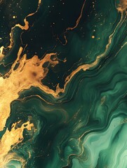 Poster - Emerald and Gold Abstract Art Fluid Acrylic Pour Painting with Elegant Marble Texture Effect