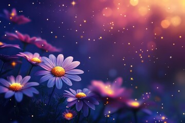 Wall Mural - a colorful assortment of garden flowers with glowing light effects, floating particles, flowering pl