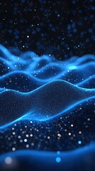 Poster - Abstract blue digital landscape with glowing particles and flowing wave design for technology