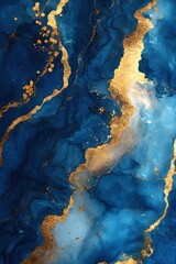 Poster - Elegant abstract art with fluid blue texture and gold accents for modern design projects