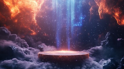 futuristic cosmic platform glowing nebula background space rocks and glowing lights
