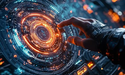 Poster - Closeup Hand Interacting with Futuristic Glowing Circular Interface