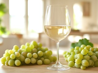 Poster - Elegant white wine and green grapes on a wooden table in soft sunlight creating a calming scene