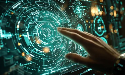 Poster - Hand Interacting with Futuristic Teal Digital Interface