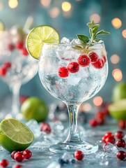 Poster - Refreshing gin tonic with lime and cranberries on ice in a glass with bokeh background